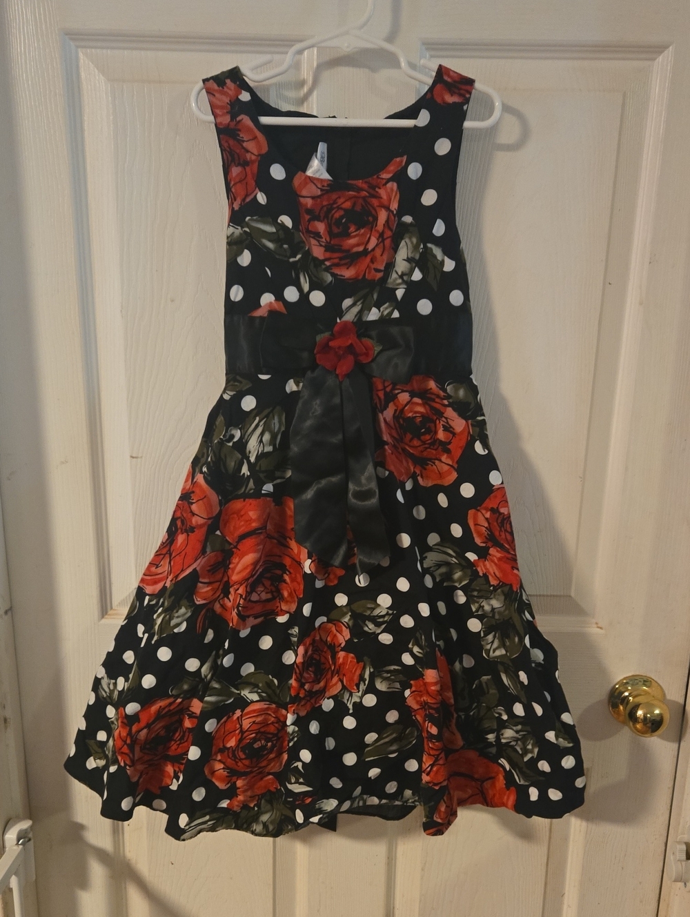 Bonnie Jean Black Dress with Red Rose Print and White Polka Dots